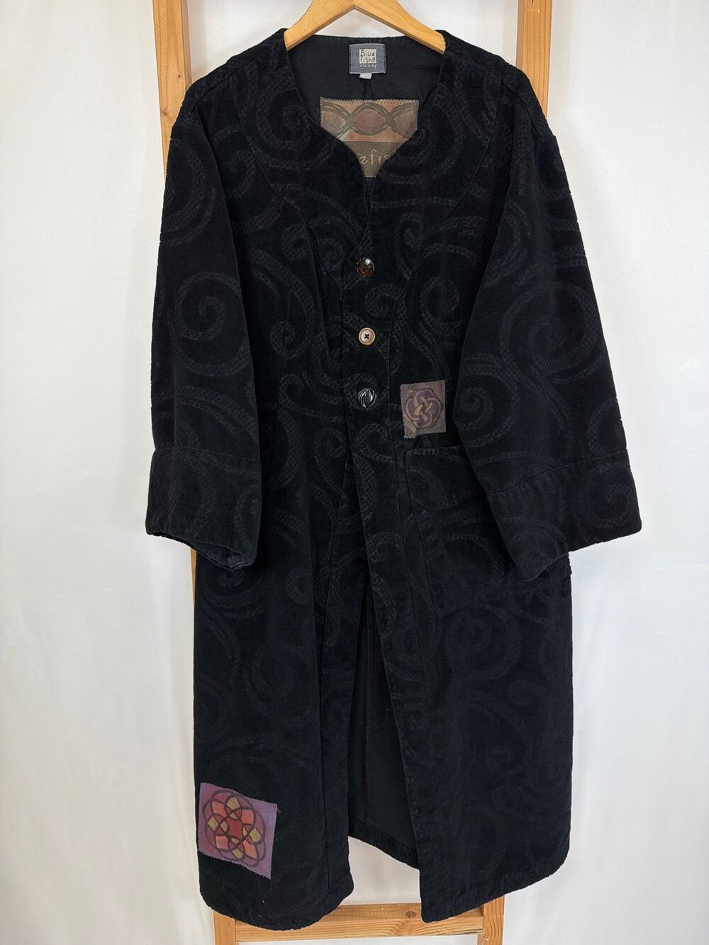 Blue Fish Black Multicolored Patchwork Embossed Swirl Heavyweight Coat Size 1